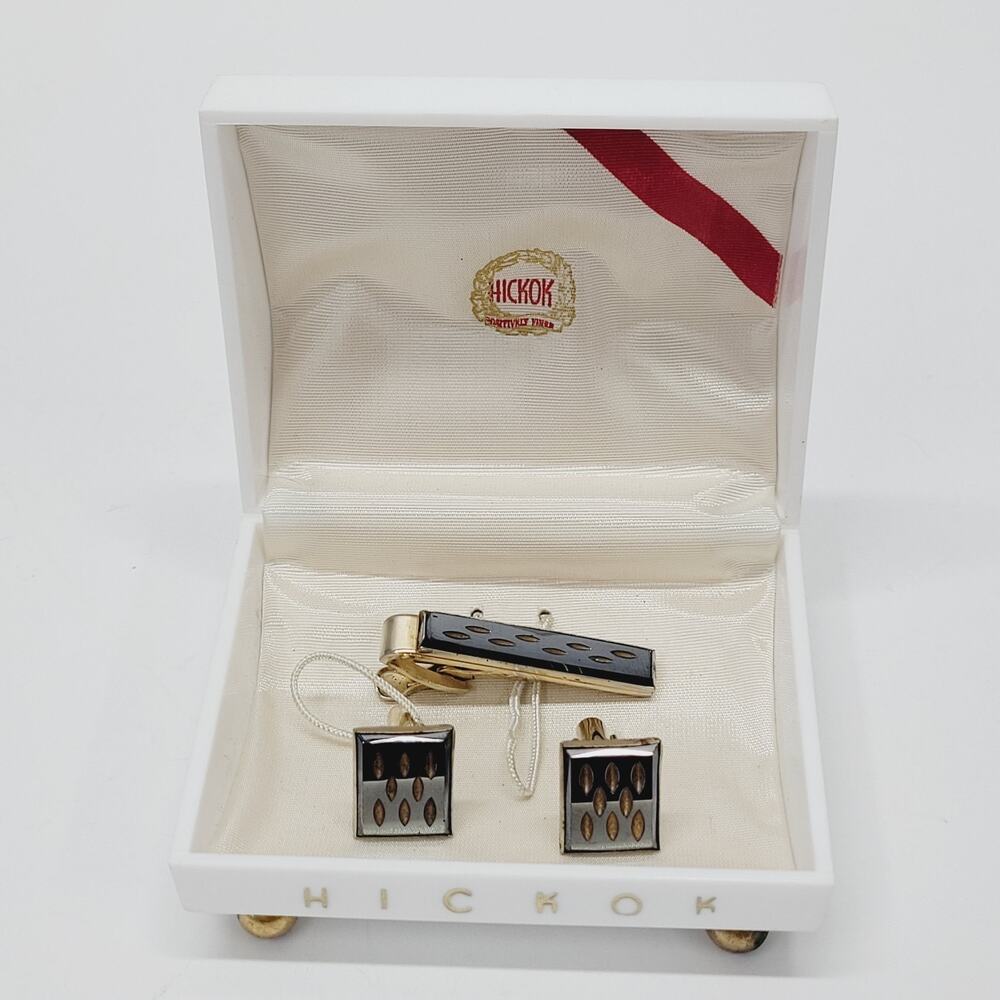 Hickok Mens Vintage Cufflinks and Tie Clip Gold with Etched Slate Black Detail